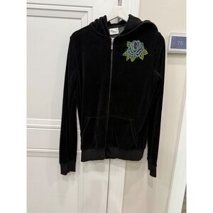 Ankh Black Velour Tracksuit Set Rhinestone Graphic Hoodie Wide Leg Pants L